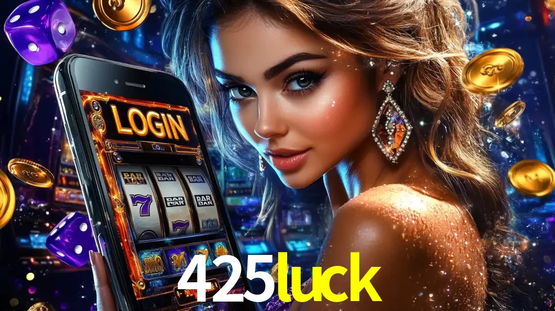 Mulher glamorosa segurando um smartphone com a tela de login para os jogos de caça-níqueis do cassino online 425luck, com moedas de ouro e dados ao redor.